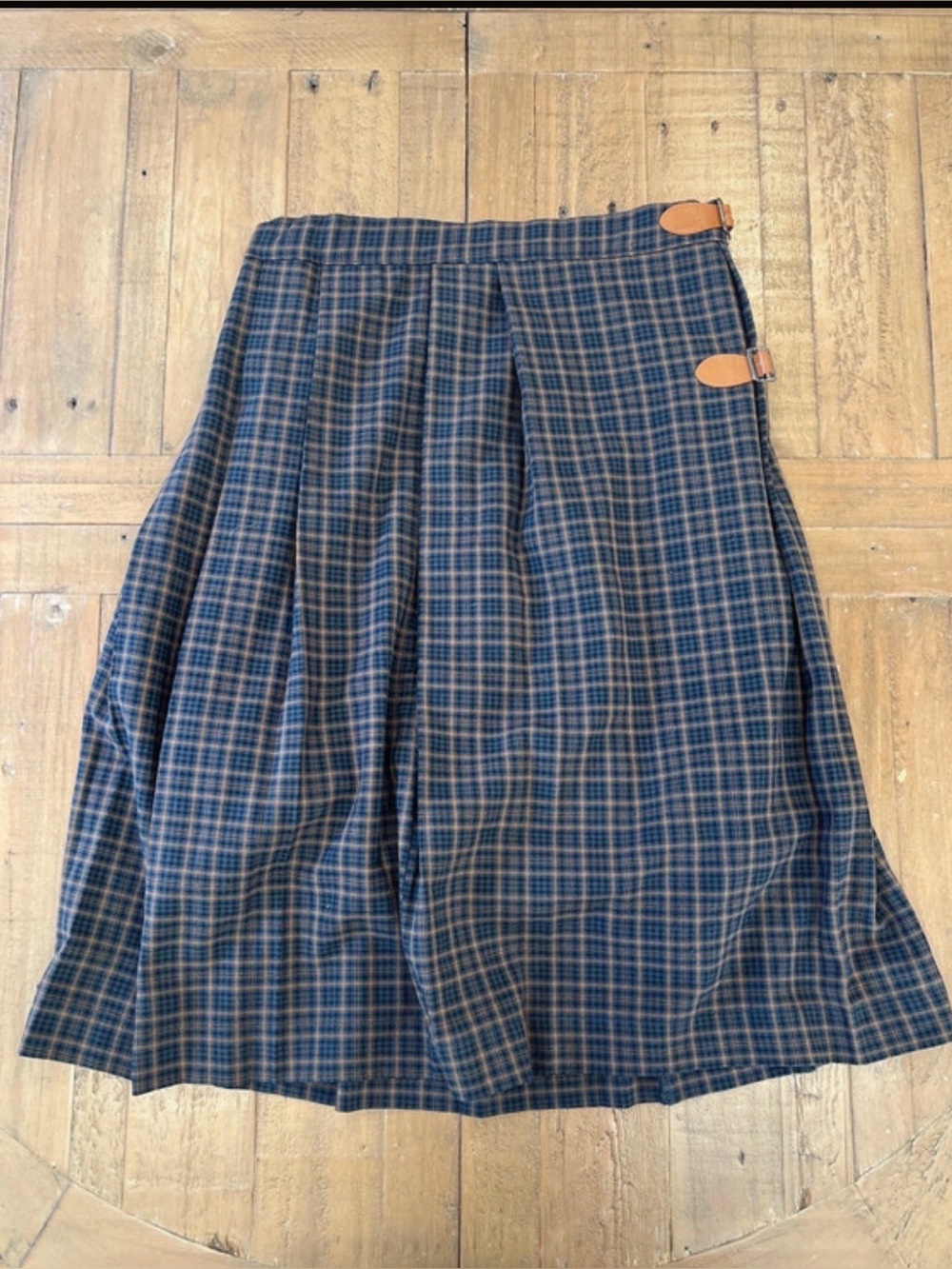 Nou Noelle plaid faux leather buckle pleated midi skirt girls 14T